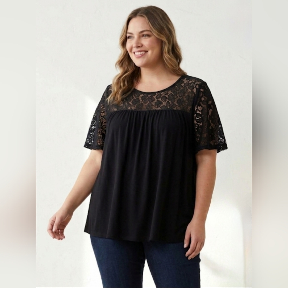 🖤 Kim & Cami Floral Lace Yoke Short Sleeve Top | Size 1X